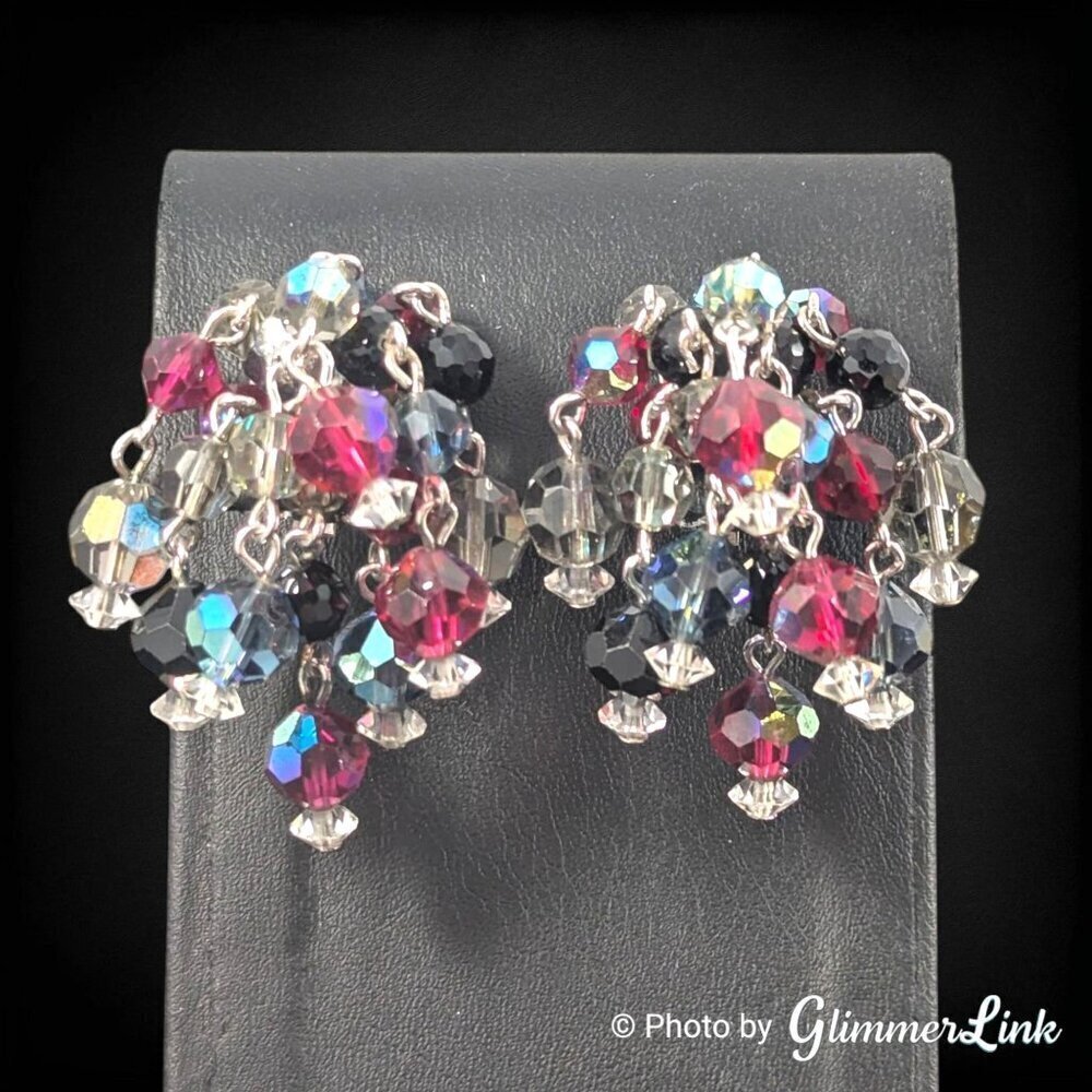 VTG 50s LAGUNA Multicolor Cha Cha Beaded Cluster Silver Tone  Clip On Earrings - Picture 3 of 10